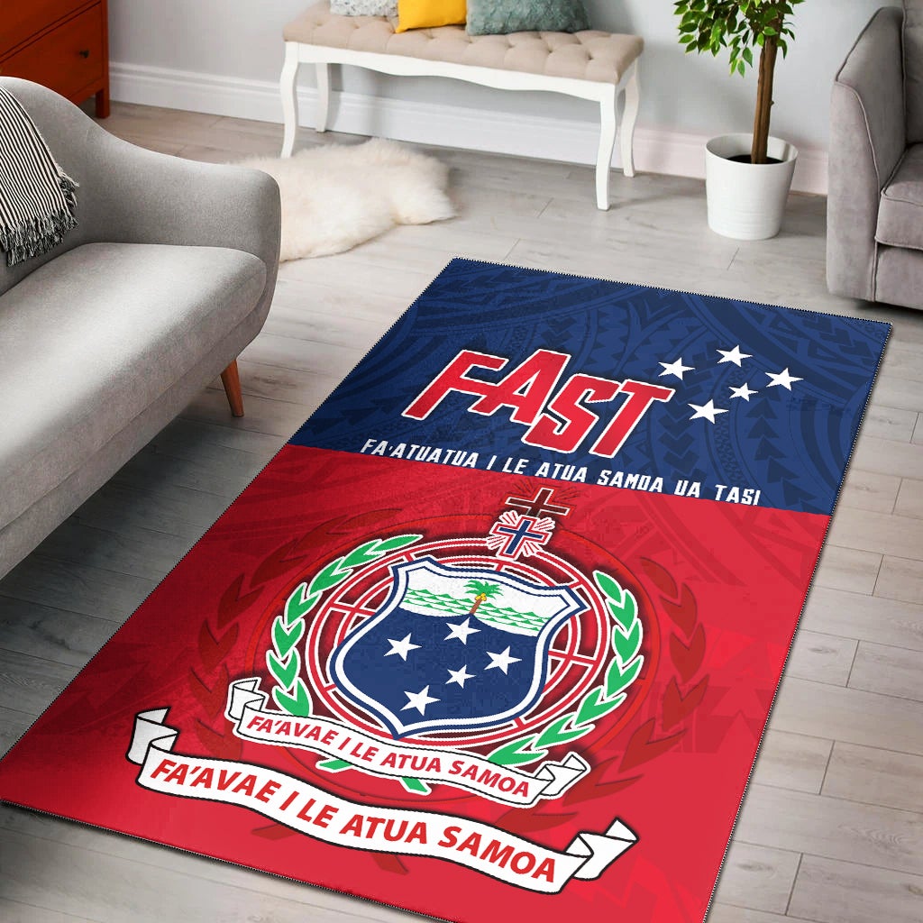 FAST Polynesian area rug with blue top, red bottom, bold team text and shield emblem