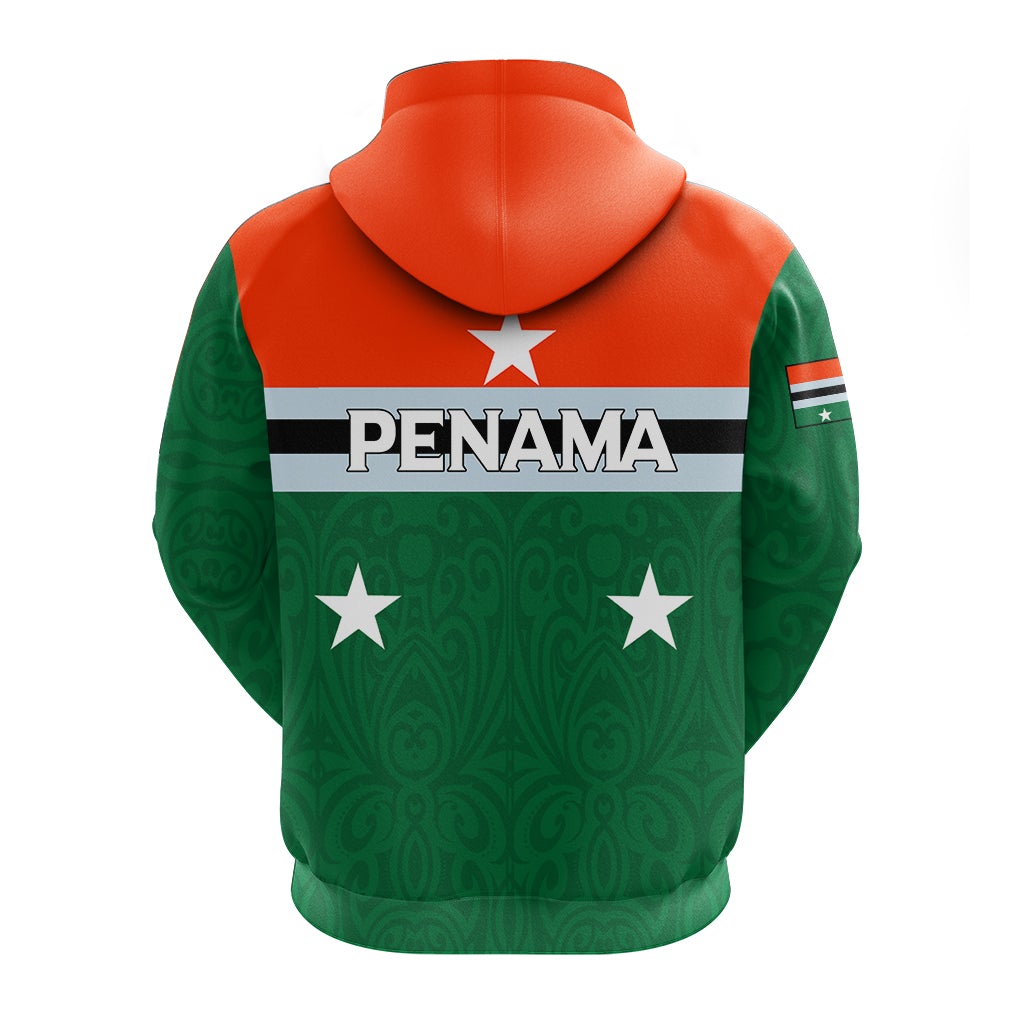 Green pullover hoodie back with orange hood, Penama flag print, PENAMA lettering