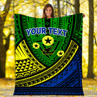 Personalized tribal blanket with YOUR TEXT; green, yellow and blue geometric star design