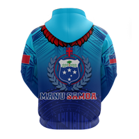 Blue hoodie back with large crest graphic, striped patterns, and over-the-head hood