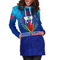 Blue hoodie dress with hood, front kangaroo pocket, and crest graphic with text