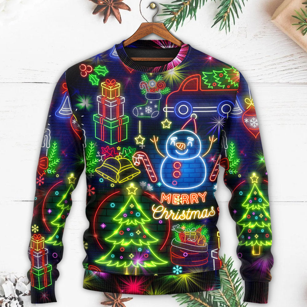 Neon Christmas sweater with glowing snowman and 'Merry Christmas' text across center