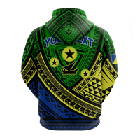 Green pullover hoodie with back tribal crest, star icons, hood and drawstrings