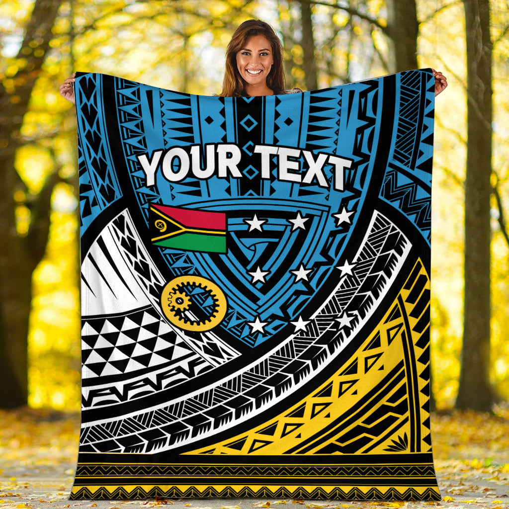 Blue tribal pattern blanket with 'YOUR TEXT' centered; flag crest, stars and geometric stripes