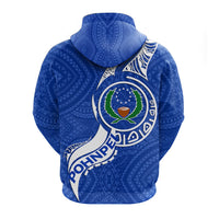 Blue Pohnpei pride hoodie back with oversized circular crest graphic and patterned sleeves