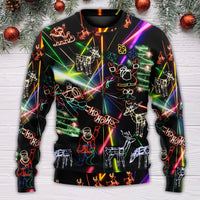 Black ugly Christmas sweater with neon snowman, reindeer, and Ho Ho Ho light text