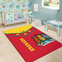 Red Grenada area rug with yellow top band, green stripes, stars and crest emblem