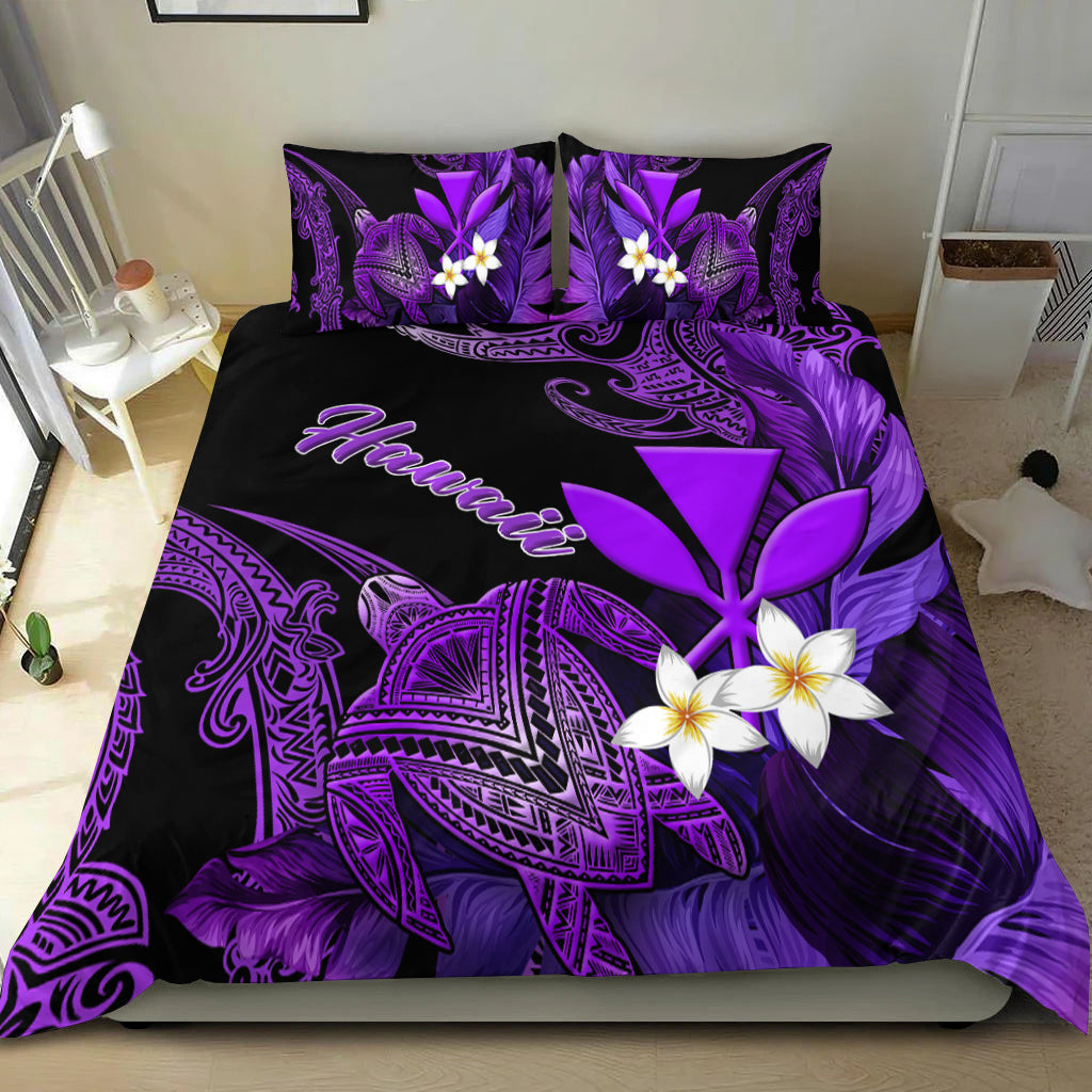 Purple and black Hawaii turtle bedding set with plumeria flowers and fan-like decorative patterns