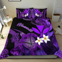 Purple and black Hawaii turtle bedding set with plumeria flowers and fan-like decorative patterns
