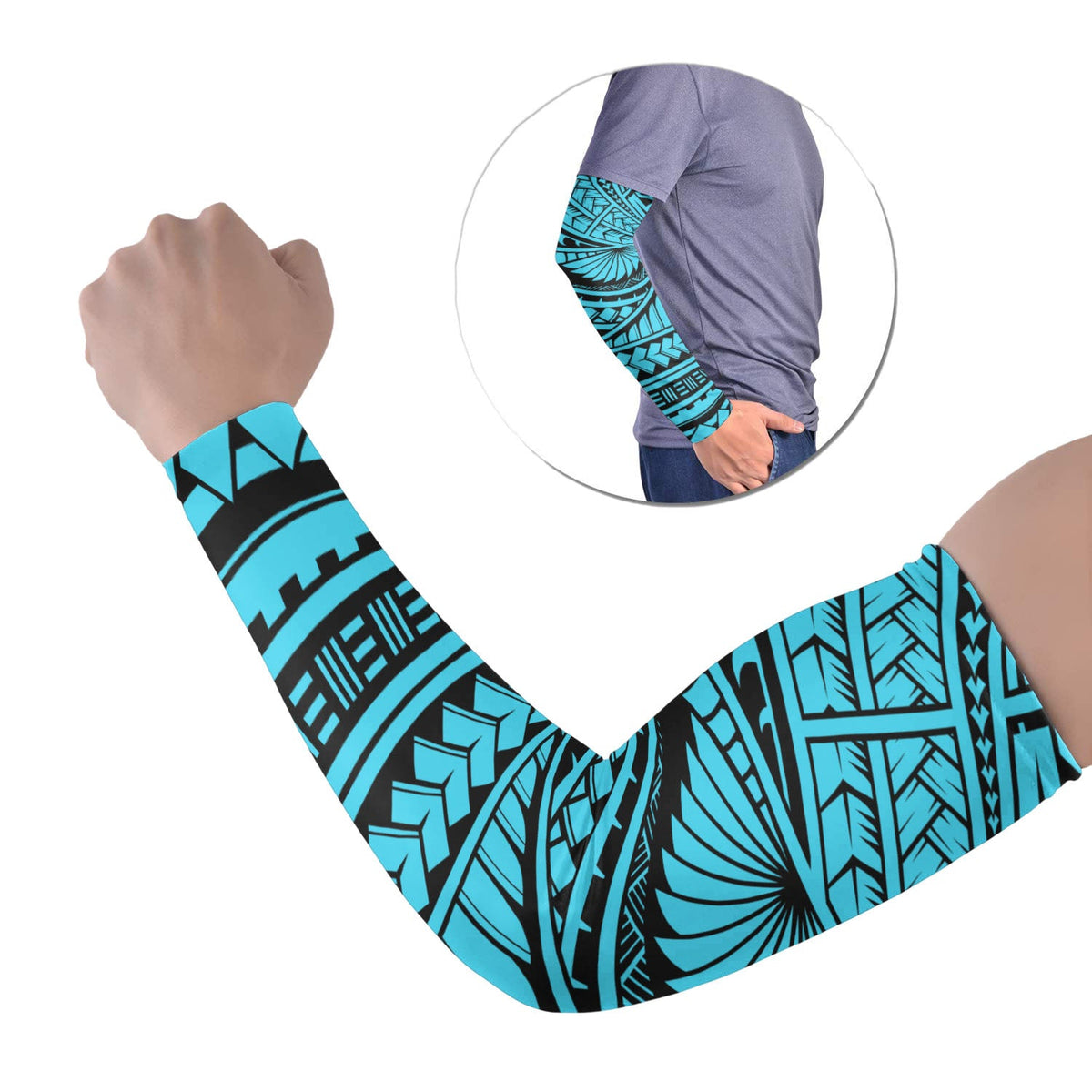 Set of two black arm sleeves with turquoise Polynesian patterns, long coverage.