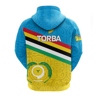 Back view blue zip-up hoodie with Torba flag print and hood