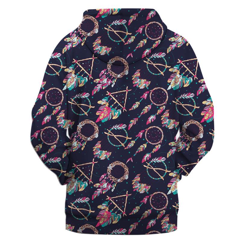 All-over dreamcatcher feather pullover hoodie, dark navy with colorful graphics, hood view