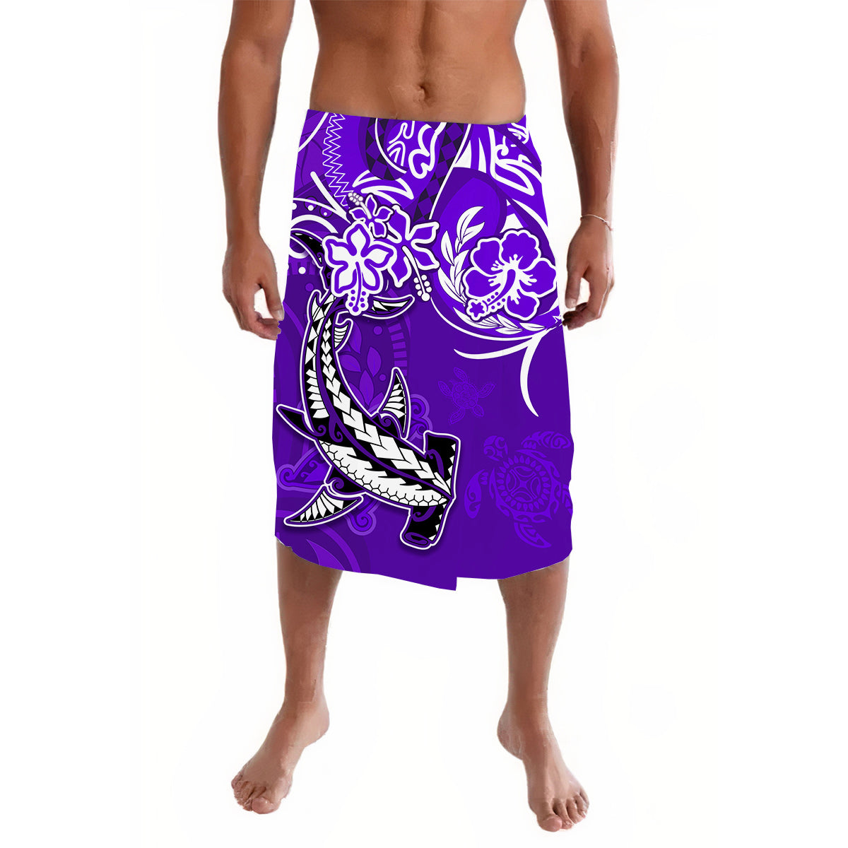 Purple lavalava swim wrap with white sea turtle and shark graphic, knee length