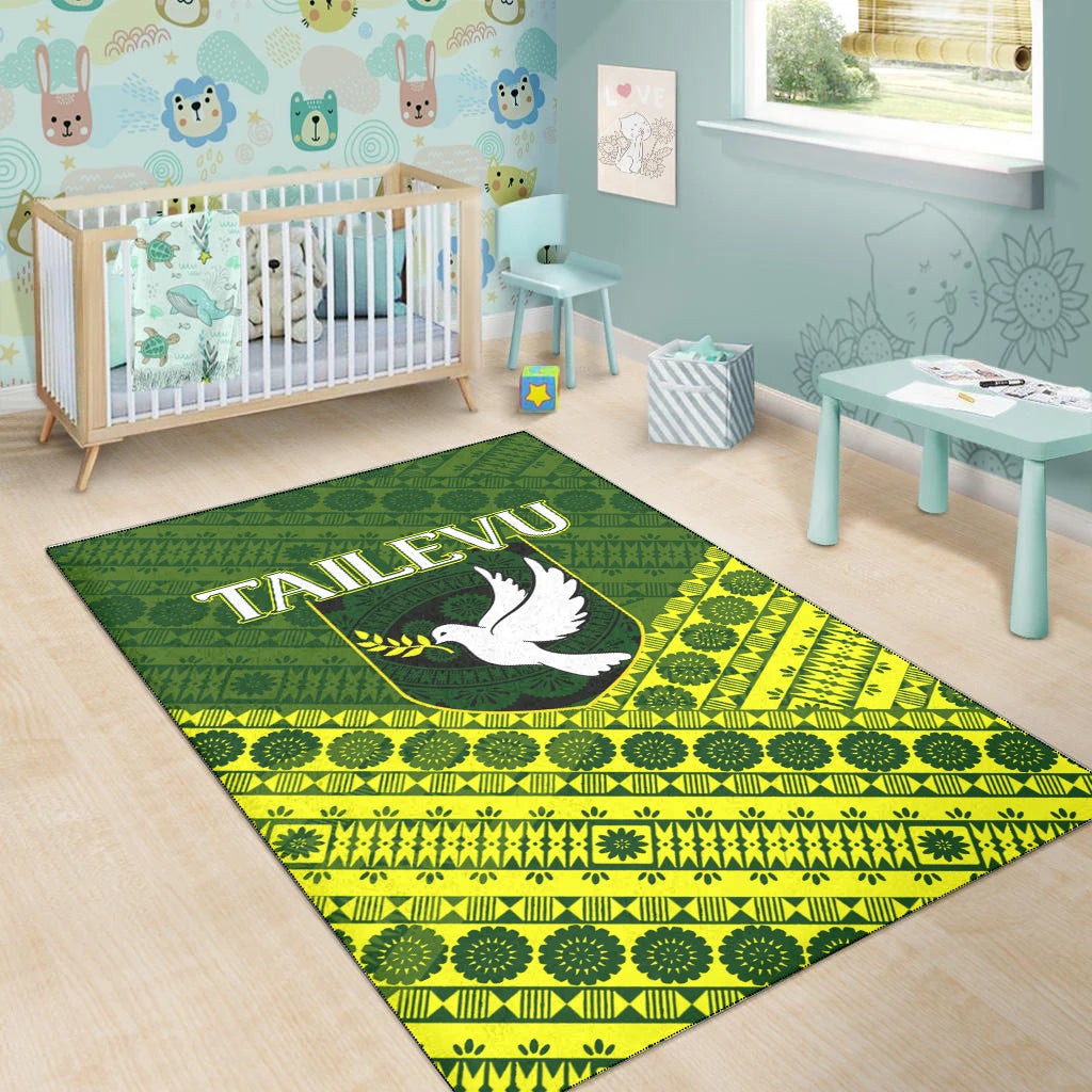 Green and yellow Tailevu area rug with white dove graphic and intricate stripe-and-flower design