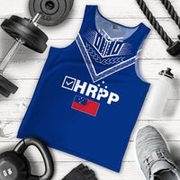 Blue sleeveless tank top with tribal chevron graphic and HRPP front logo, flat lay