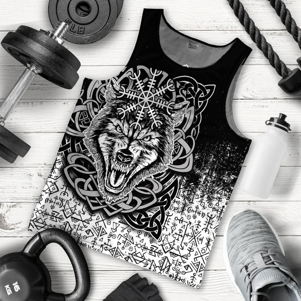 Black tank top flat lay with wolf graphic and rune-pattern band, sleeveless