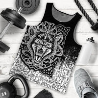 Black tank top flat lay with wolf graphic and rune-pattern band, sleeveless