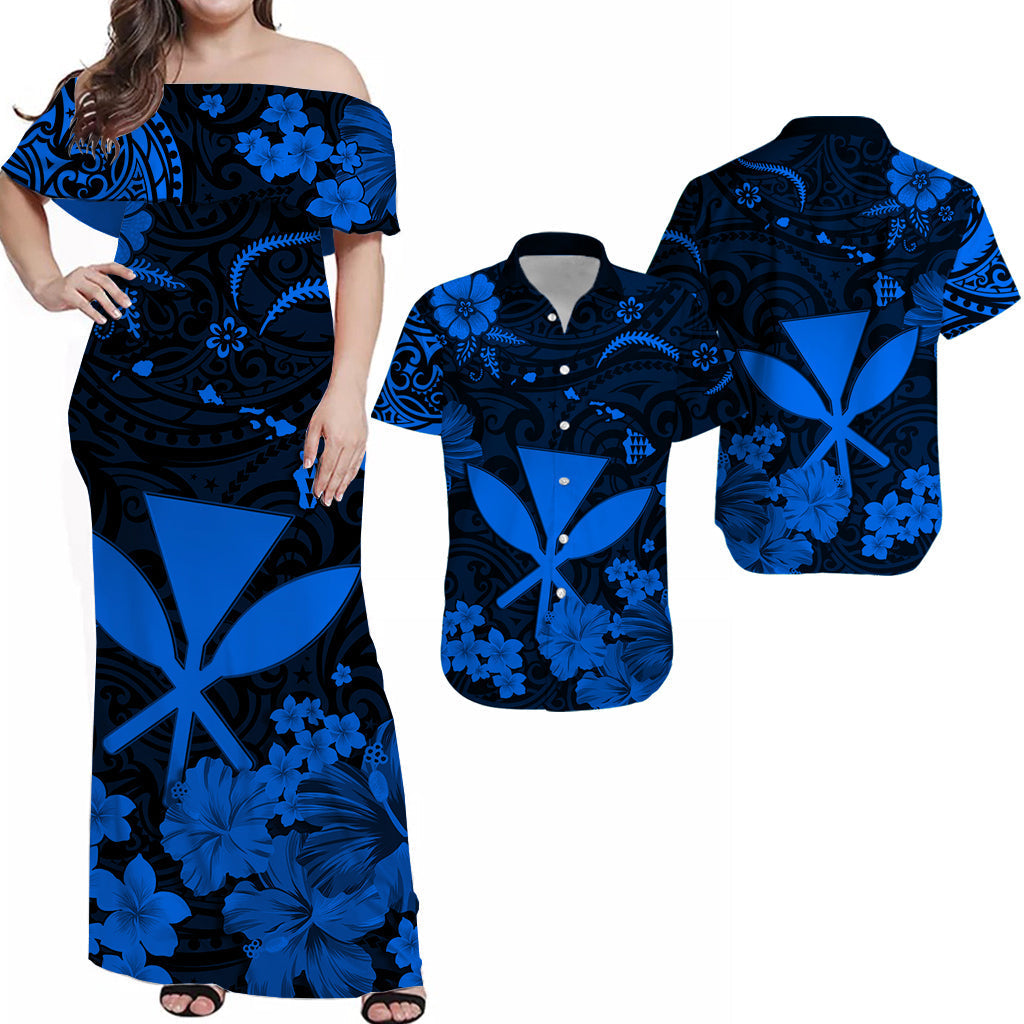 Blue and black Hawaiian matching off-shoulder dress with floral tiki pattern