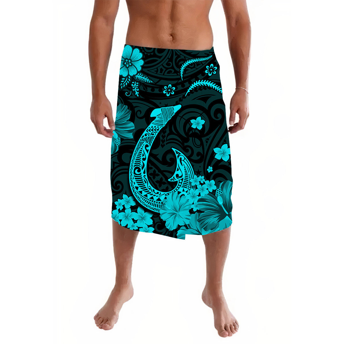 Turquoise floral sarong skirt with Polynesian fish hook motif