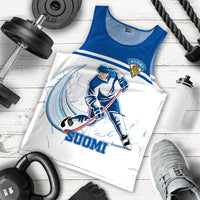White tank top with blue trim and SUOMI goalie graphic, crew neck style