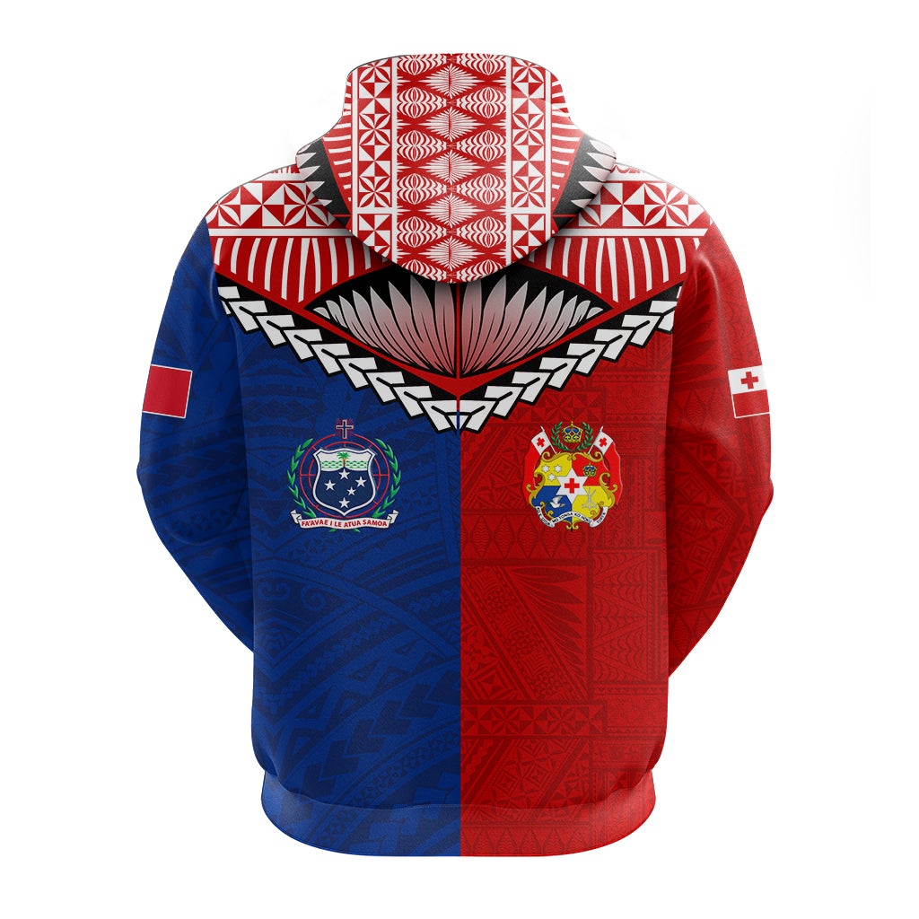 Pullover hoodie back with red and blue half-and-half design, hood, logos and emblems
