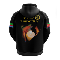 Black pullover hoodie back: Eritrea’s Martyrs Day gold lettering over candle graphic