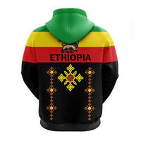 Back view pullover hoodie, Ethiopia flag stripes, gold cross design centered