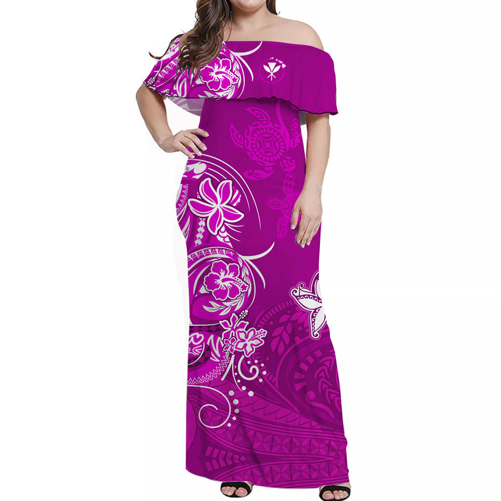 Off-shoulder maxi dress in dark purple with white floral Polynesian print