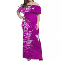 Off-shoulder maxi dress in dark purple with white floral Polynesian print