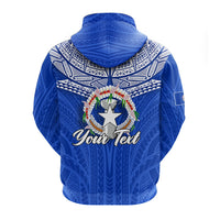 Blue hoodie back view, “Your Text” banner under star wreath