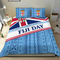 Fiji Day duvet cover with blue tapa pattern, flag-striped band, and crest pillows