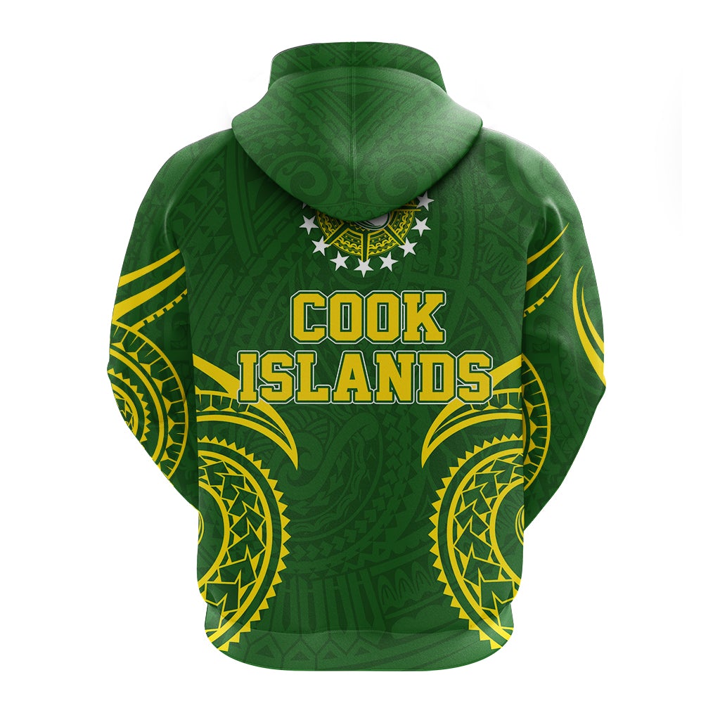 Green pullover hoodie back, Cook Islands text and tribal emblem