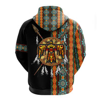 Black pullover hoodie with colorful geometric side panel and large thunderbird emblem on chest