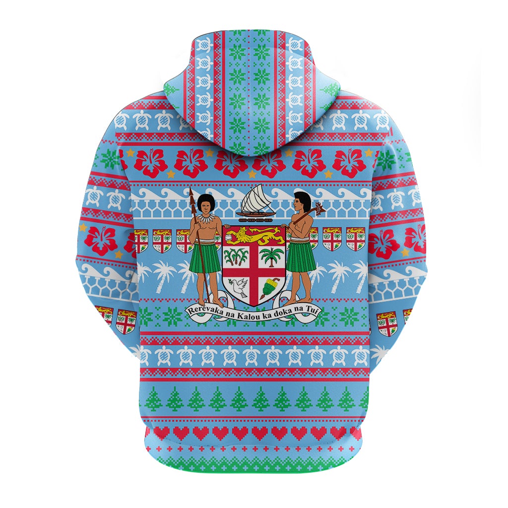 Blue back view zip hoodie with tropical holiday graphic panel and striped knit pattern
