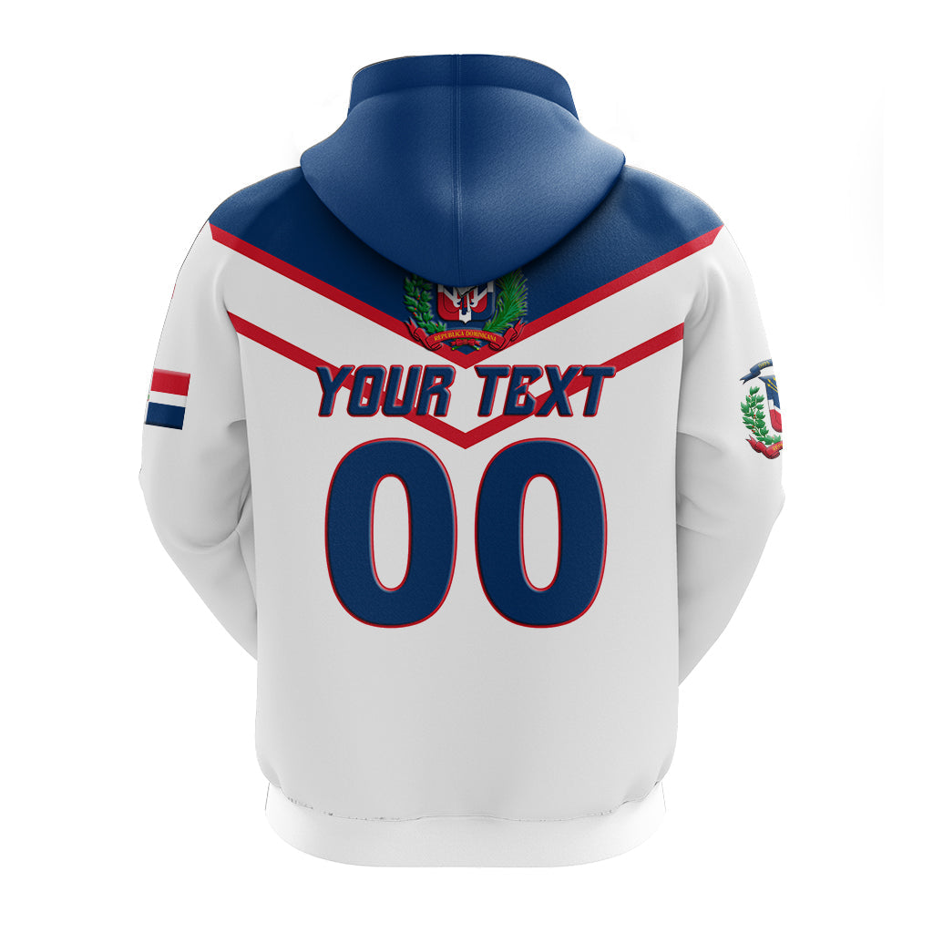 Back view zip hoodie, white with blue hood; YOUR TEXT 00 baseball print