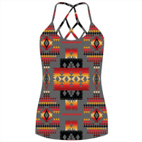Gray criss-cross sleeveless tank with multicolor geometric pattern