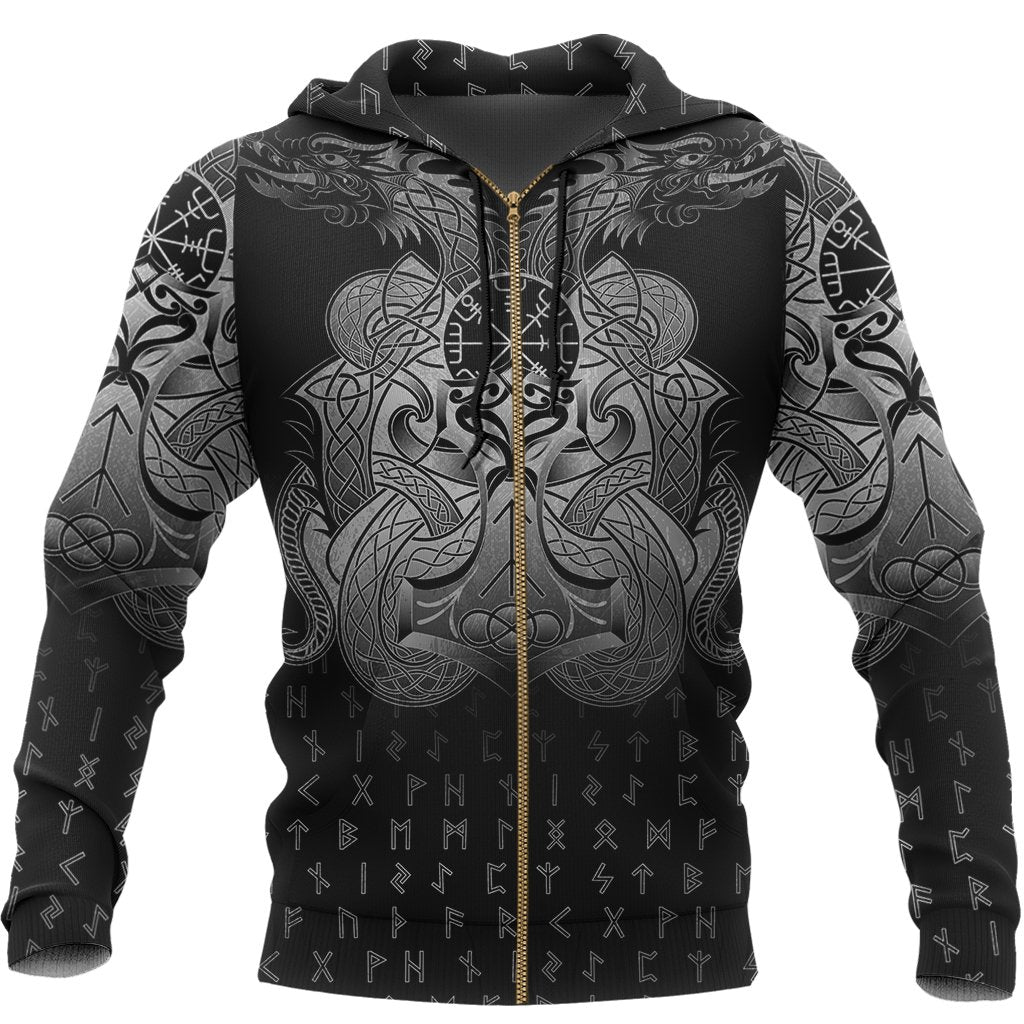 Viking Hoodie Vegvisir Mjolnir and Dragon Norse Tattoo (Zip) RLT12 - Wonder Print Shop