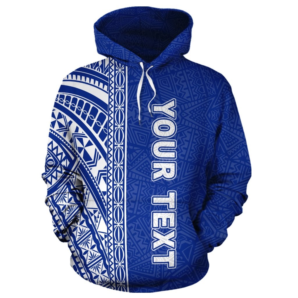 Blue pullover hoodie with Polynesian geometric back print, hood, and vertical text graphic