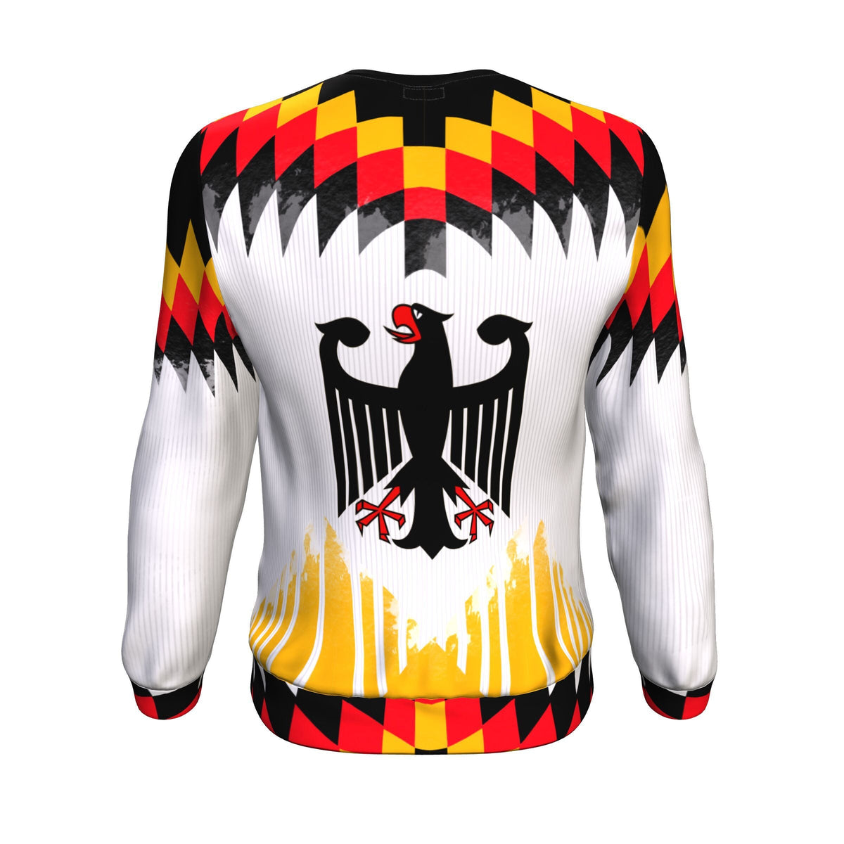 Back football-style sweatshirt with eagle logo and red/yellow/black pattern
