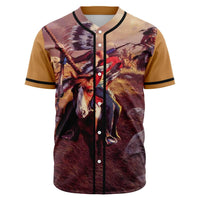 Native American chief baseball jersey, multicolor print with black button placket and trim