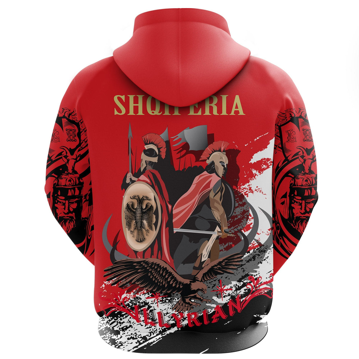 Red hoodie back with warrior, eagle multicolor print and large 'SHQIPERIA' text
