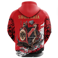 Red hoodie back with warrior, eagle multicolor print and large 'SHQIPERIA' text