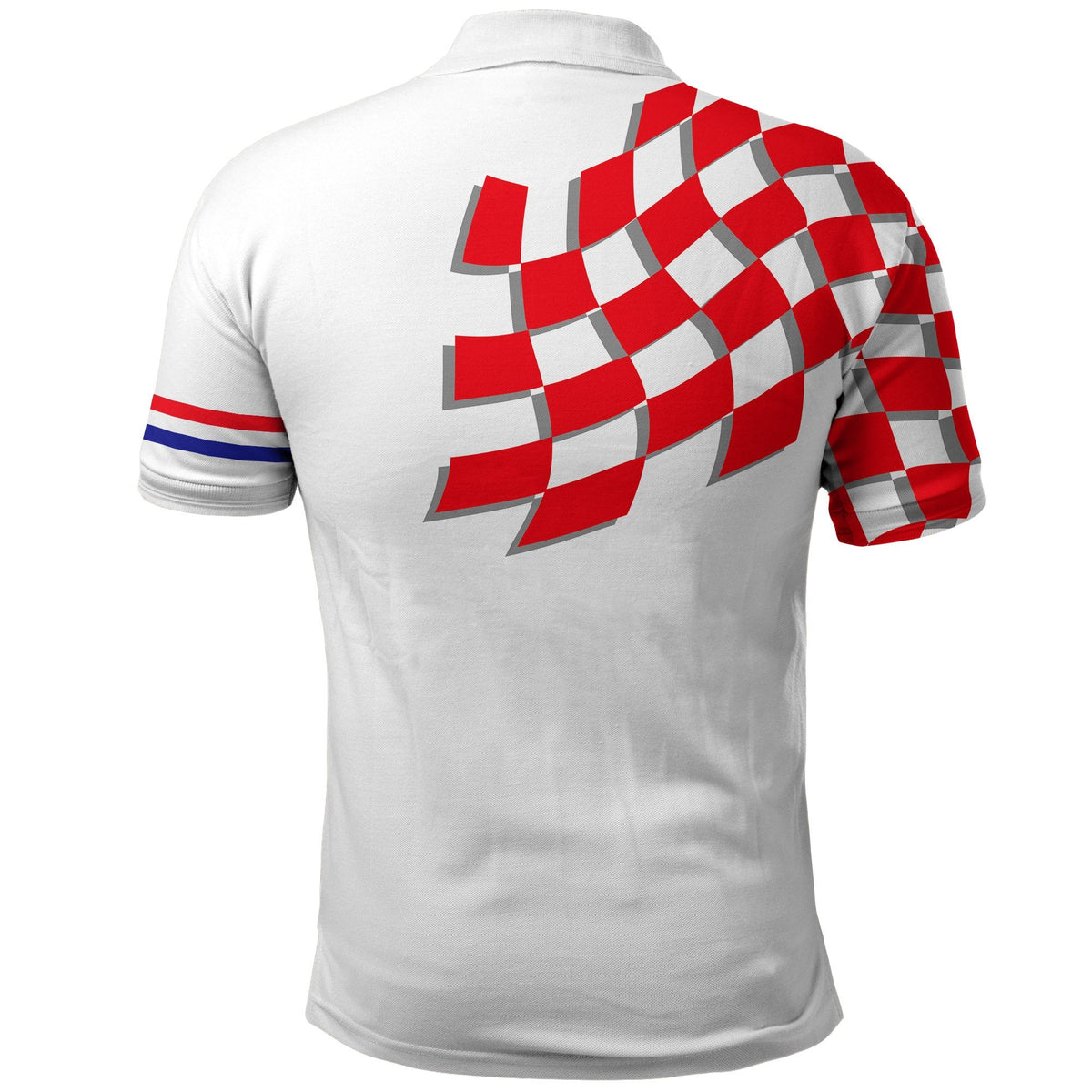 White polo shirt back with large red-and-white checkered stripes design and blue sleeve trim