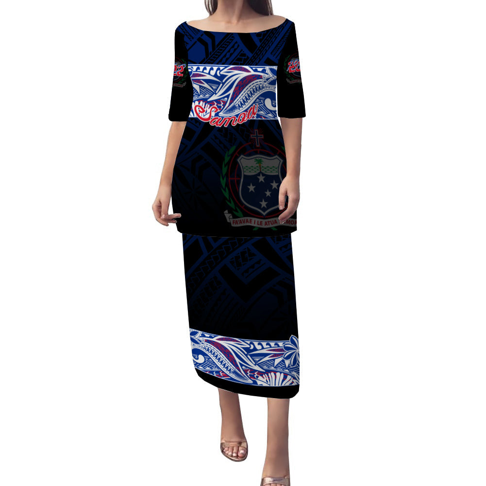 Black long puletasi dress with blue tribal print and 'Samoa' graphic at waist