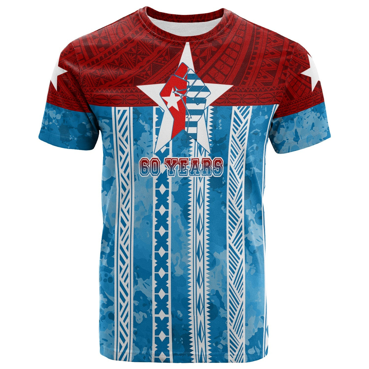 Cerulean OPM Morning Star 60 Years t-shirt with red tribal pattern panels and star graphic
