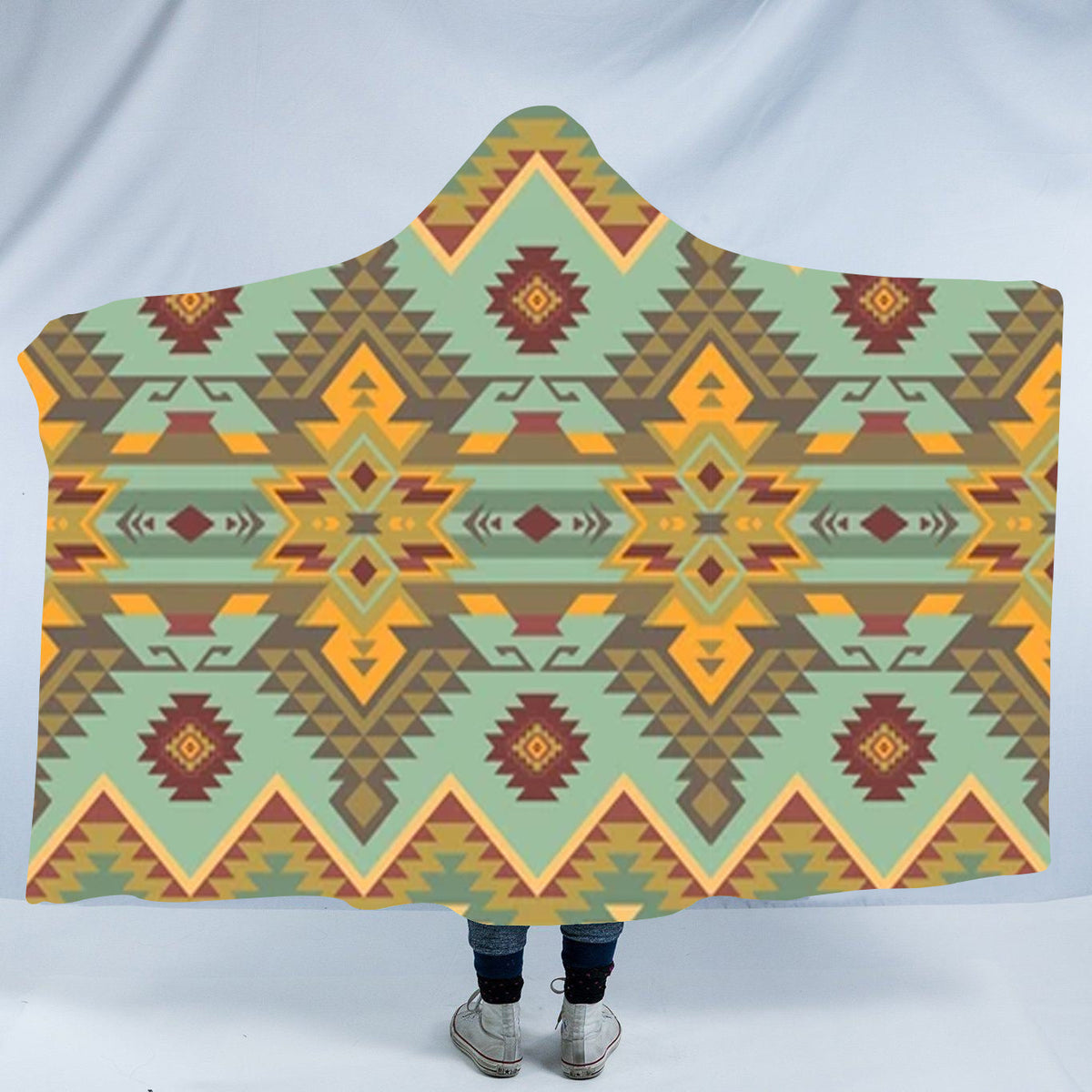 Youth hooded blanket with multicolor native-style geometric pattern