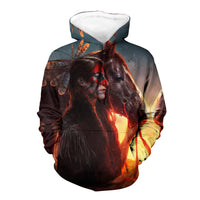 Pullover hoodie with Native chief and horse 3D graphic, dark multicolor print