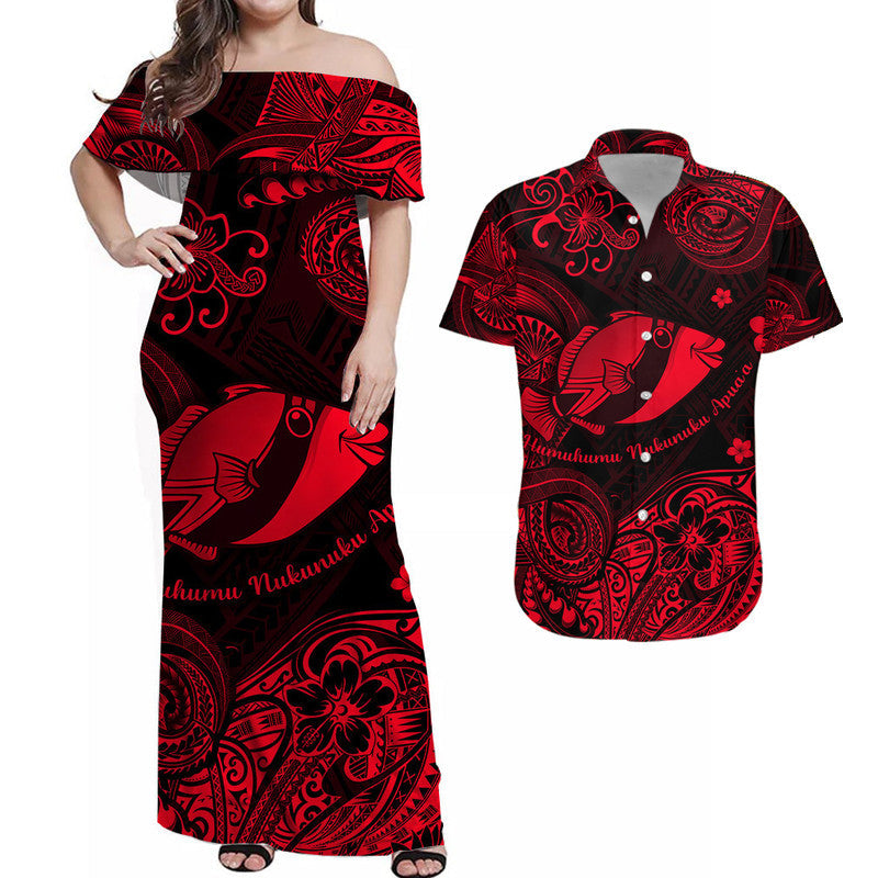 Red Polynesian fish off-shoulder maxi dress and button-up shirt, matching
