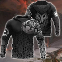 Black pullover hoodie with wolf head and Celtic knot print; hood and long sleeves visible
