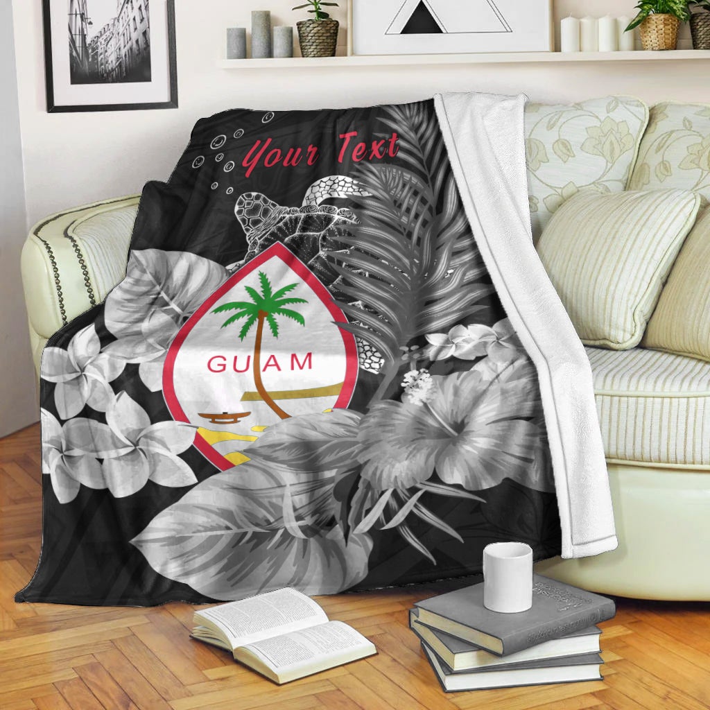 Custom Guam seal premium blanket with sea turtle, tropical flowers, your text, black/white